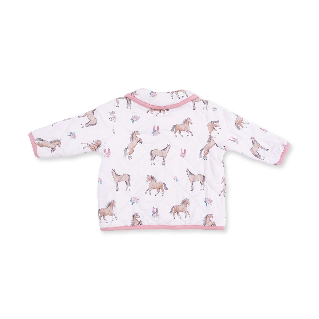 Angel baby I love horses  baby long-sleeve quilted jacket with an all-over print of horses on a white background, finished with pink trim.