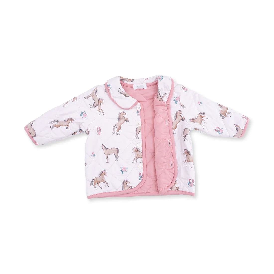 Angel baby I love Horses baby quilted cardigan with a white background printed with brown horses and small blue flowers, featuring a solid pink lining and trim.