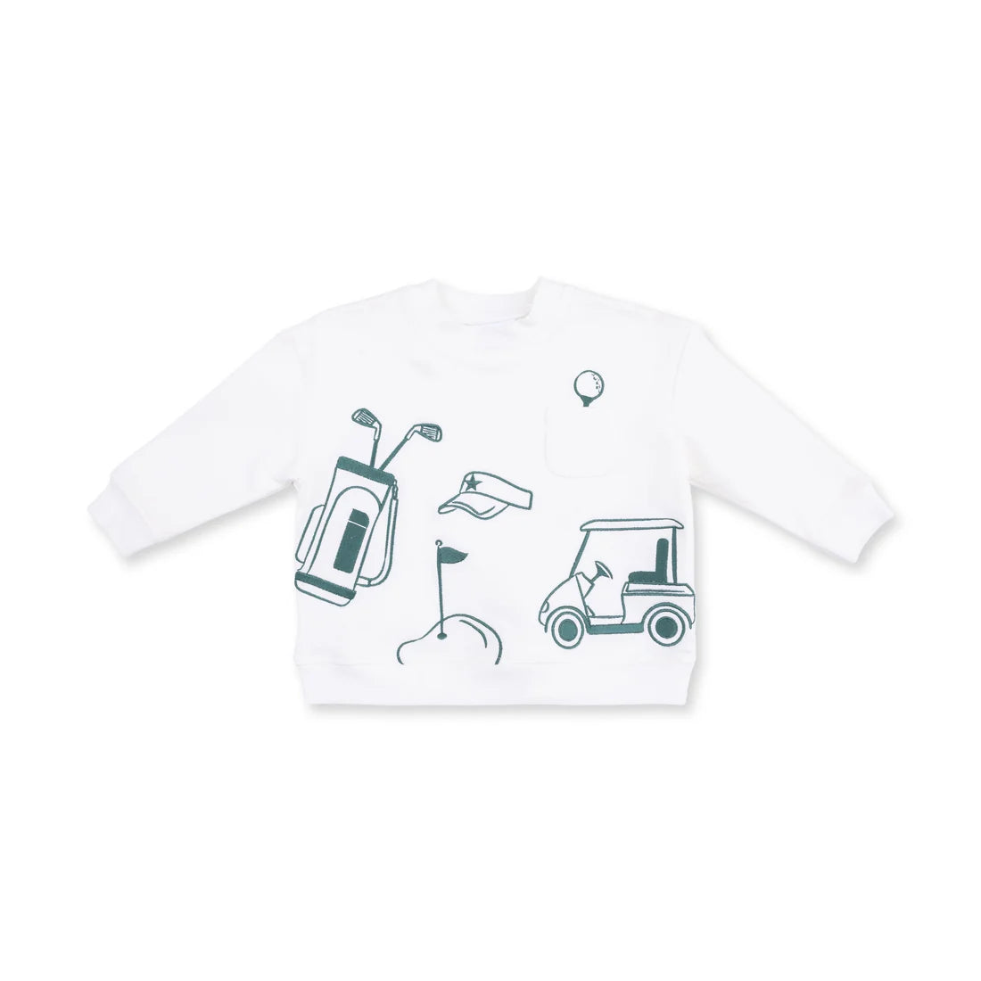 Angel dear white long-sleeve crewneck sweatshirt featuring a dark green line art graphic of golf-themed items, including a golf bag, clubs, a flag, a golf ball, and a golf cart, displayed on a clean white background.