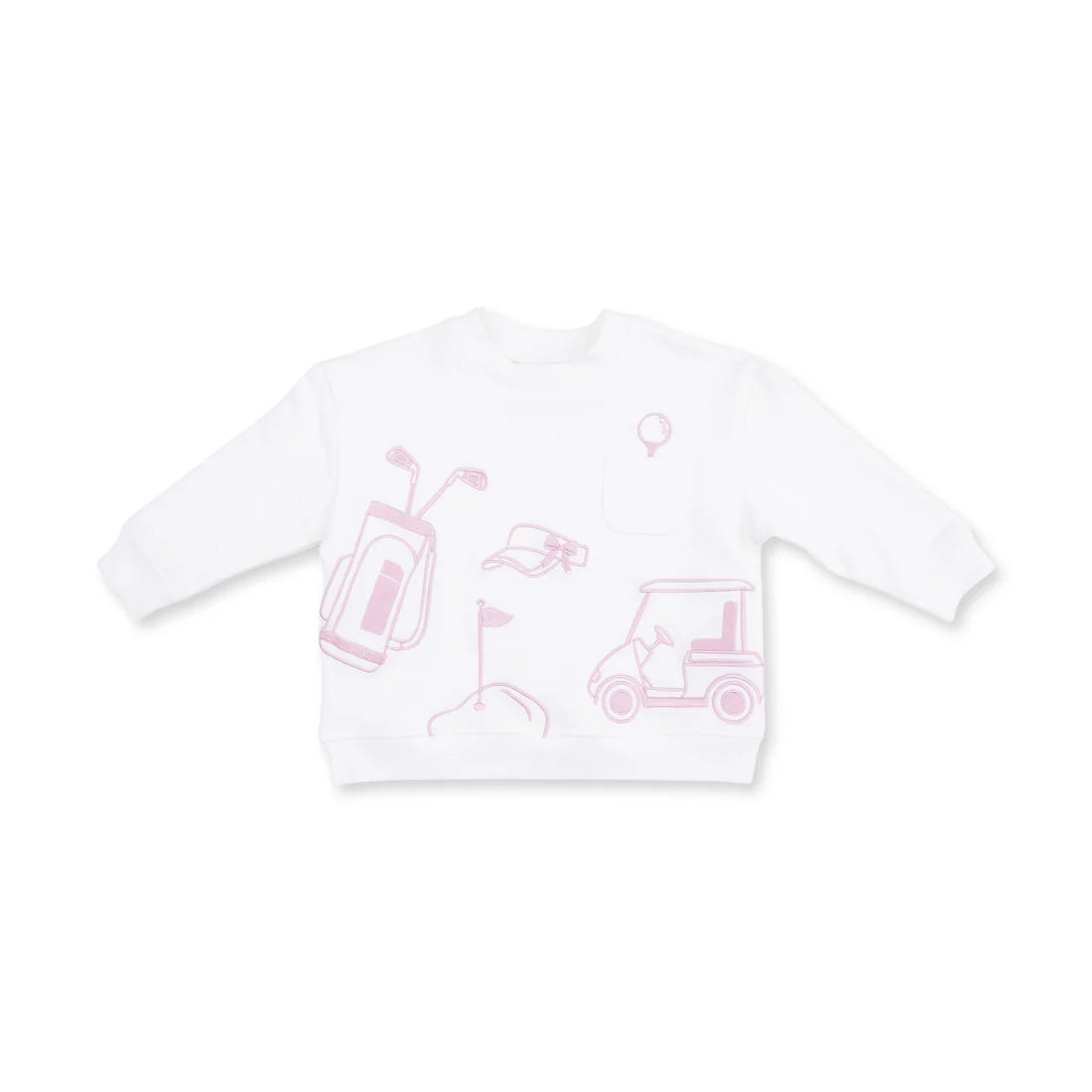 Angel dear white long-sleeve baby sweatshirt featuring a light pink golf-themed graphic print on the front, including a golf bag, club, hat, flag, and golf cart.