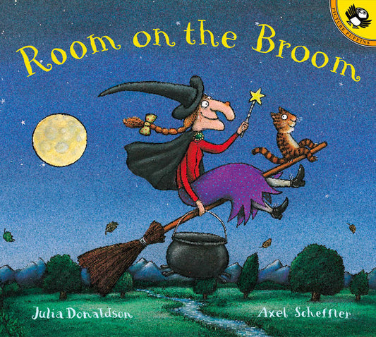 Room on the Broom book front cover Illustration of a witch and a cat flying on a broomstick at night with a full moon in the background, accompanied by various small animals.