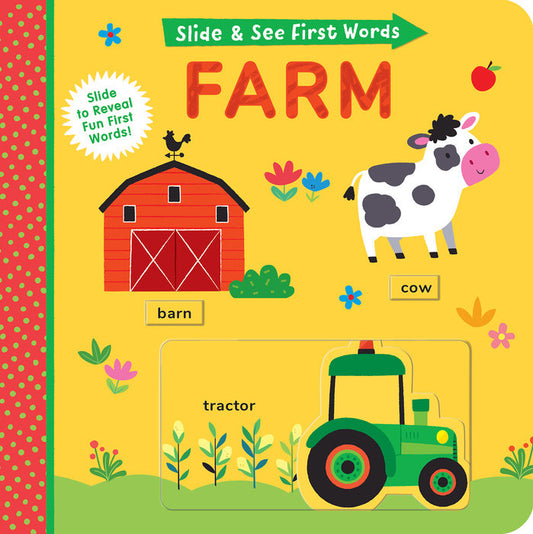 Front cover of Slide and See first Words Farm book with a barn, tractor and cow