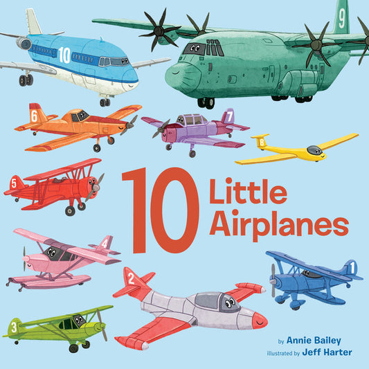Book cover of '10 Little Airplanes' with colorful airplane illustrations on a blue background.
