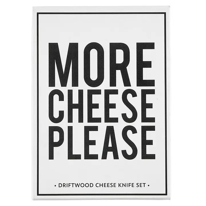 Box Front of packaging containing Cheese Knife set that says 'More Cheese Please' text on a white background