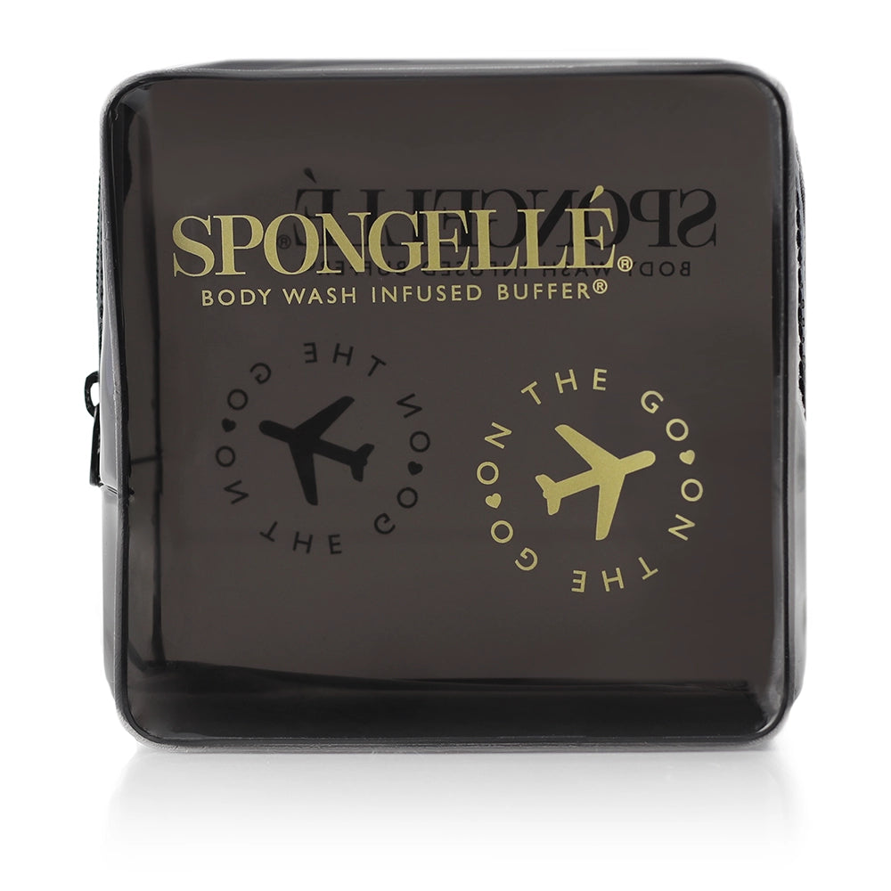 Black travel case with 'Spongellé' branding and airplane graphics 
