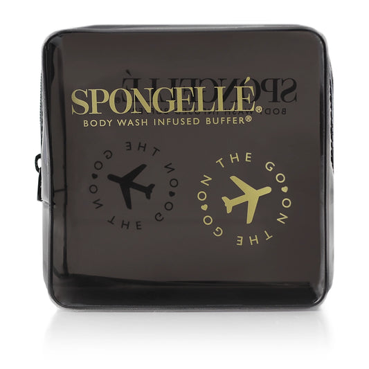 Black travel case with 'Spongellé' branding and airplane graphics 