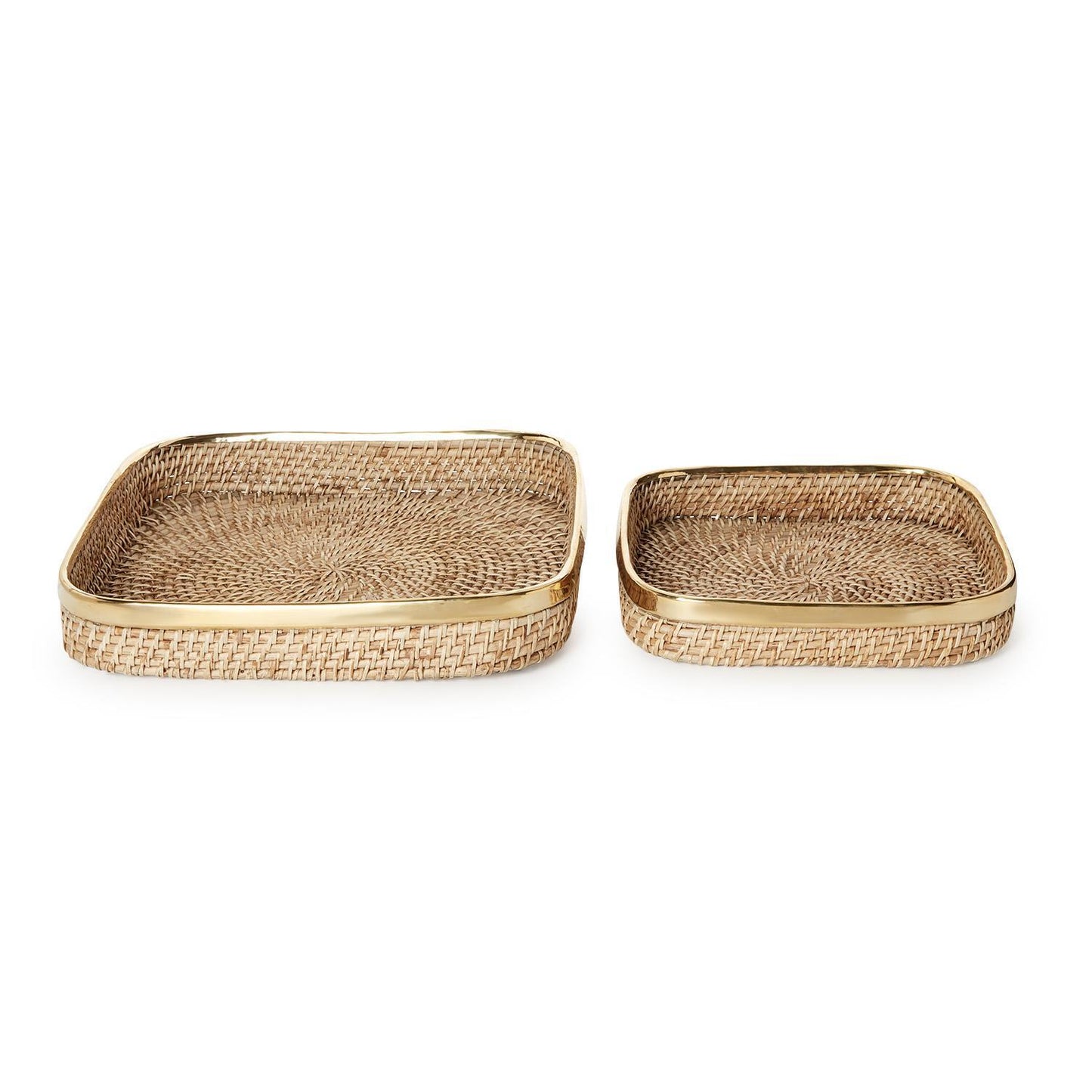 Two woven rattan trays with a brass rim on a white background
