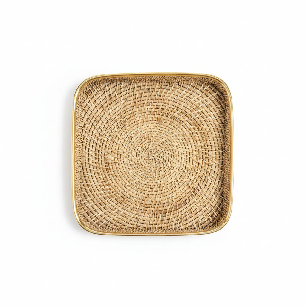 square woven rattan tray with a brass rim