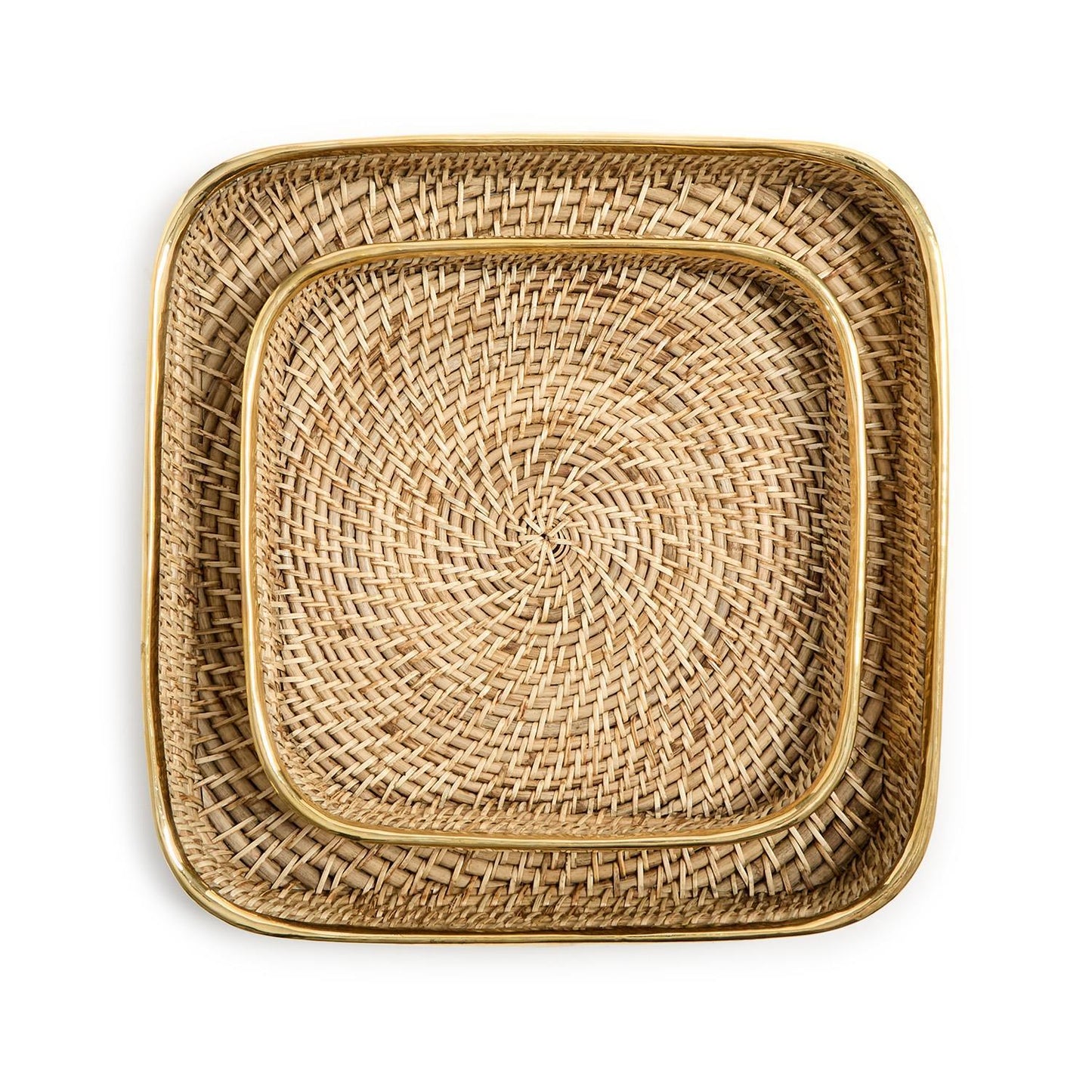 2 square woven rattan trays on a white background