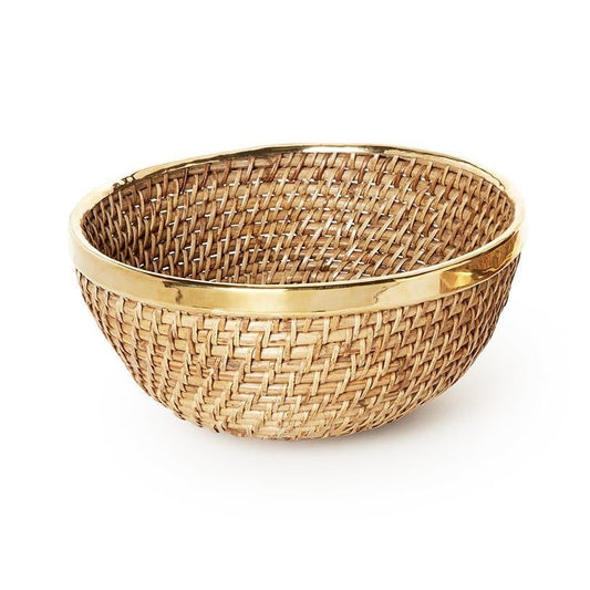 rattan bowl with brass trim rim large
