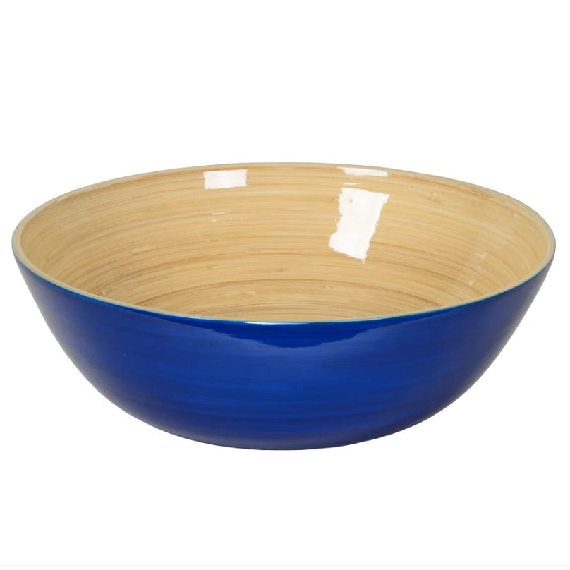 A bamboo bowl with a glossy deep blue exterior and a light natural wood-grain patterned interior, shown on a white background 