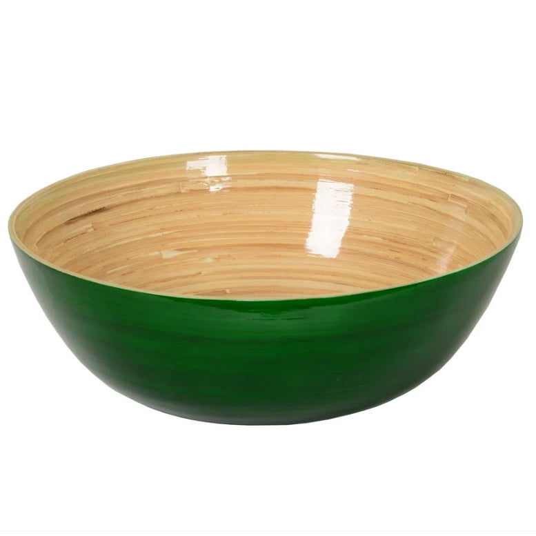 A round salad bowl with a glossy dark green exterior and a light natural bamboo wood-grain interior, shown on a white background.