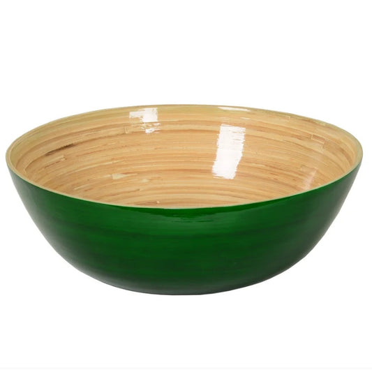 A round salad bowl with a glossy dark green exterior and a light natural bamboo wood-grain interior, shown on a white background.