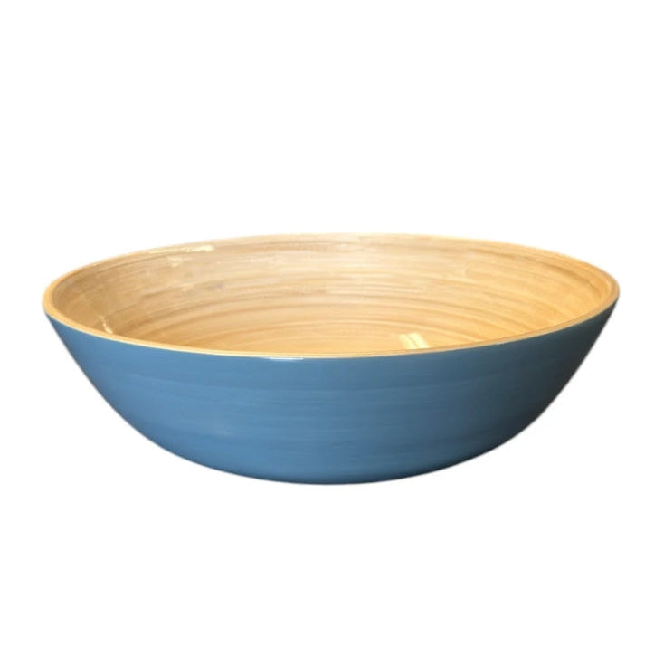 A bamboo bowl with a blue exterior and a light natural wood interior, shown on a white background with a product listing sidebar on the right.