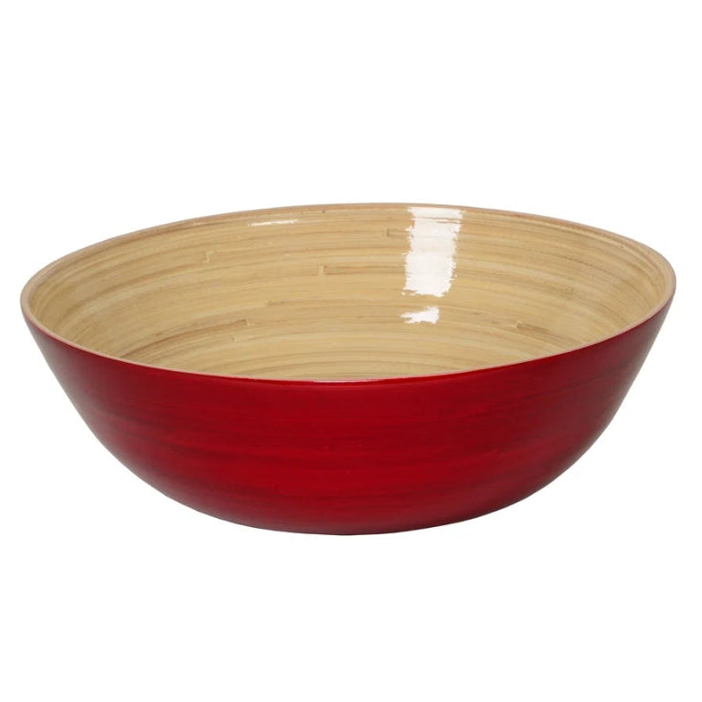 A wide, deep bowl with a glossy red exterior and a light natural bamboo wood grain interior, shown on a plain white background.