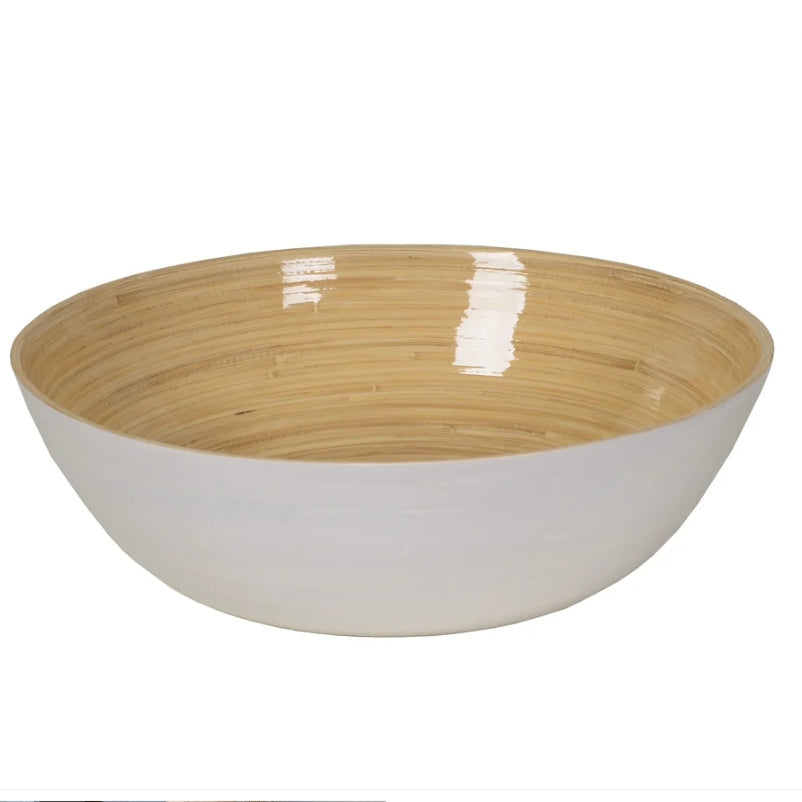 A wide, deep bowl with a glossy white exterior and a light natural bamboo wood grain interior, shown on a plain white background.
