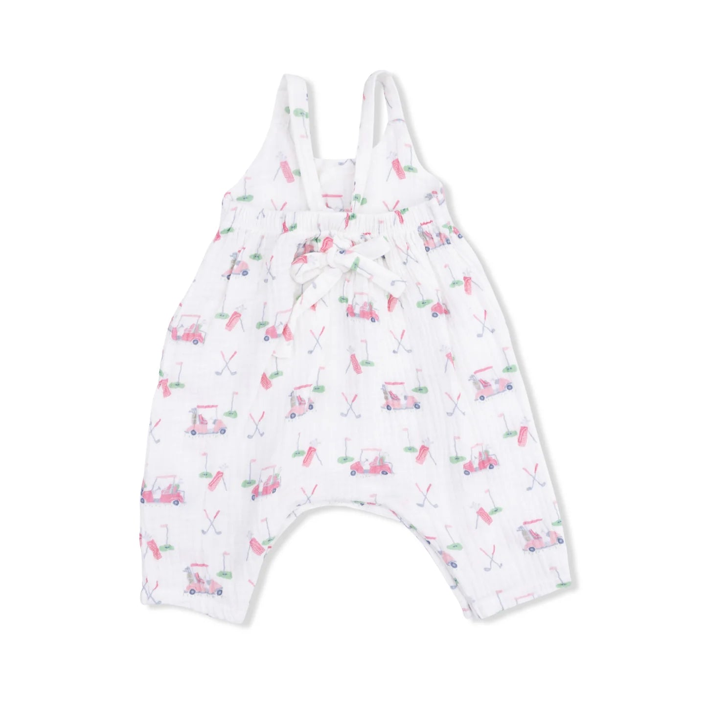 Back of an Angel Baby footless Baby Golf Carts Tie Back Romper with light pink golf print featuring golf carts, golf clubs and a tee and a cute tie in the back