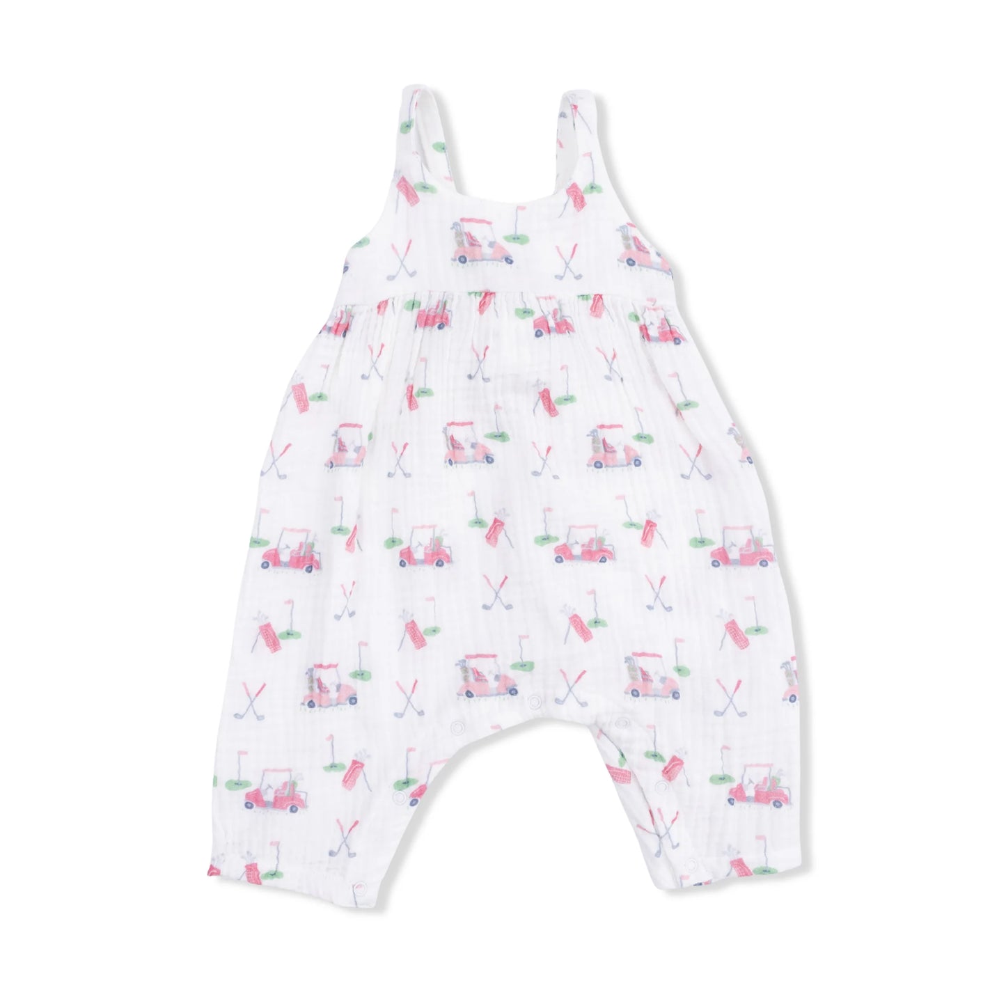 Front of an Angel Baby footless Baby Golf Carts Tie Back Romper with light pink golf print featuring golf carts, golf clubs and a tee and a cute tie in the back