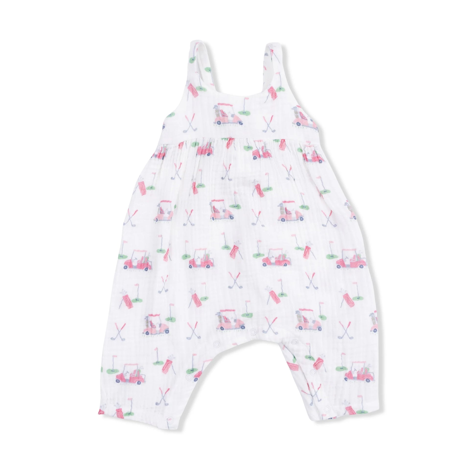 Front of an Angel Baby footless Baby Golf Carts Tie Back Romper with light pink golf print featuring golf carts, golf clubs and a tee and a cute tie in the back