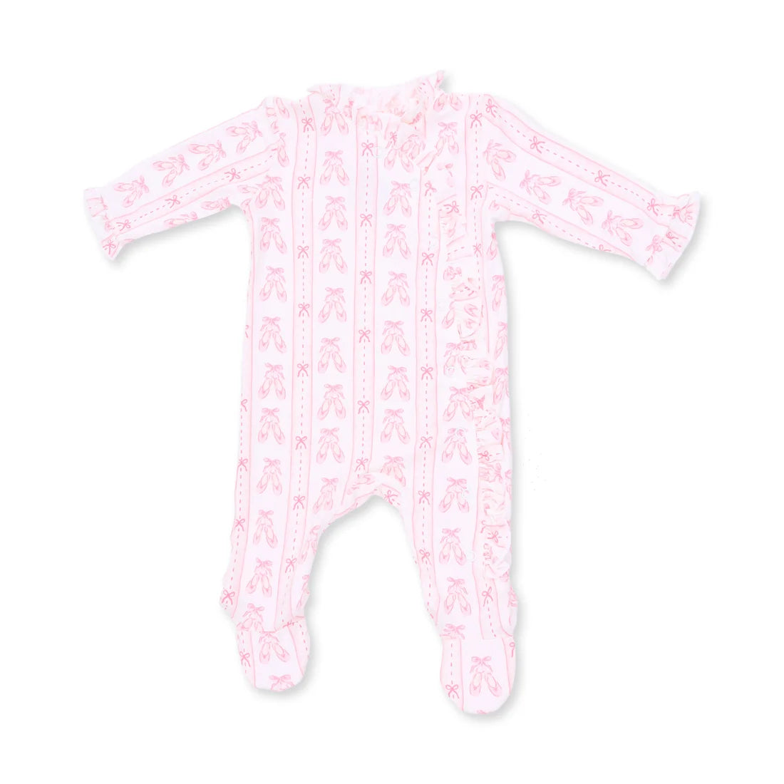 Angel Dear Ballet Shoes Ribbon Stripe Kimono Ruffle Footie light pink long-sleeve baby footed sleeper with an all-over pink ballet shoe and ribbon pattern, shown flat on a white background.