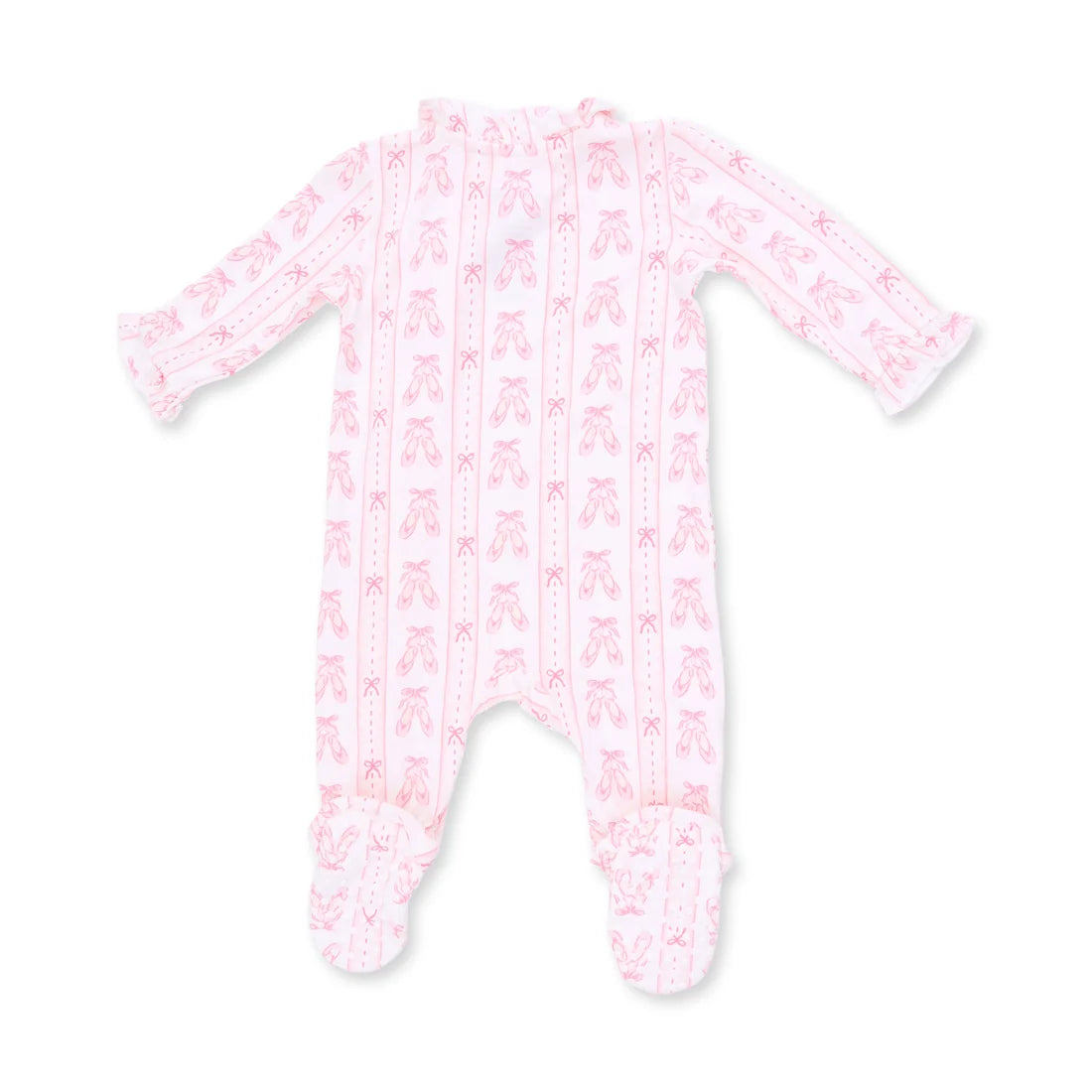 Angel Dear Ballet Shoes Ribbon Stripe Kimono Ruffle Footie back view white footie with pink ballet shoes