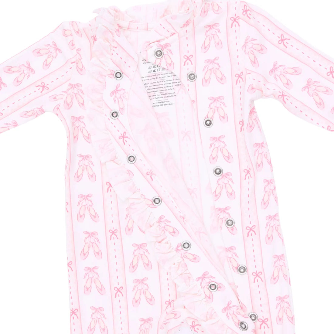 Angel Dear Ballet Shoes Ribbon Stripe Kimono Ruffle Footie light pink long-sleeve baby romper with a repeating ballet shoe and ibbon pattern, featuring a double-breasted snap-button closure and a ruffled collar.