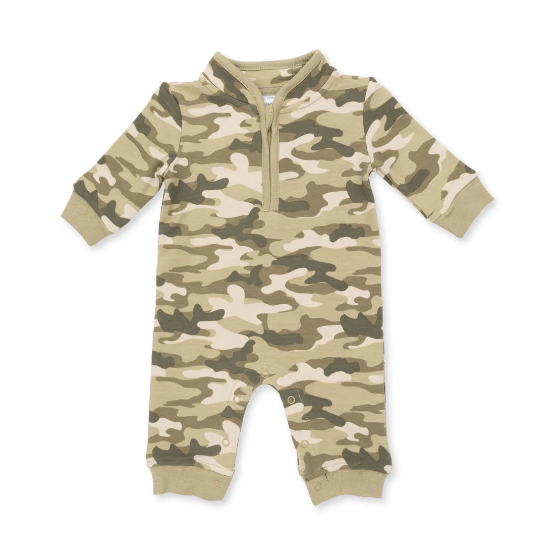 Angel dear baby long-sleeve camouflage french terry romper jumpsuit with a half-zip neckline, photographed flat on a white background.