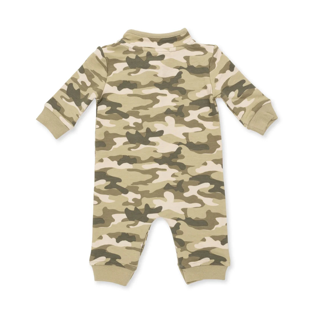 Angel dear baby long-sleeve camouflage jumpsuit shown from the back, featuring a classic camo pattern in beige, tan, and olive green with ribbed cuffs and footings, set against a plain white background.