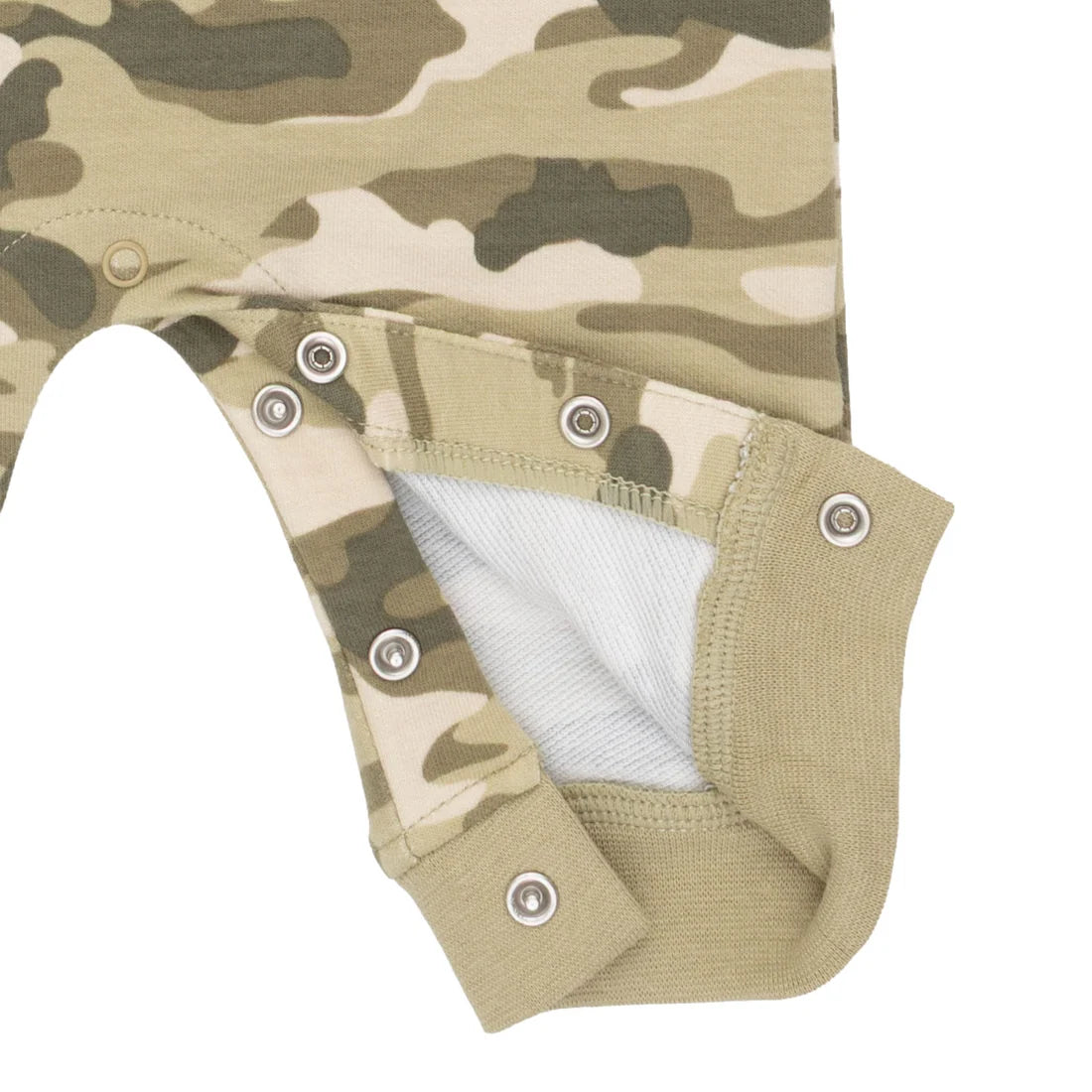 Close-up of an angel dear french terry camo romper  baby garment with a beige, green, and brown camouflage pattern, featuring metal snap closures and a white inner lining.