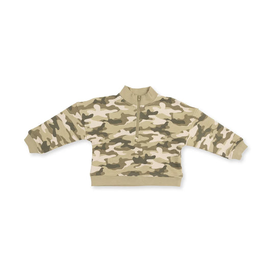 Angel dear  children's long-sleeve quarter-zip sweatshirt featuring a classic camouflage pattern in beige, tan, and olive green, laid flat against a white background.