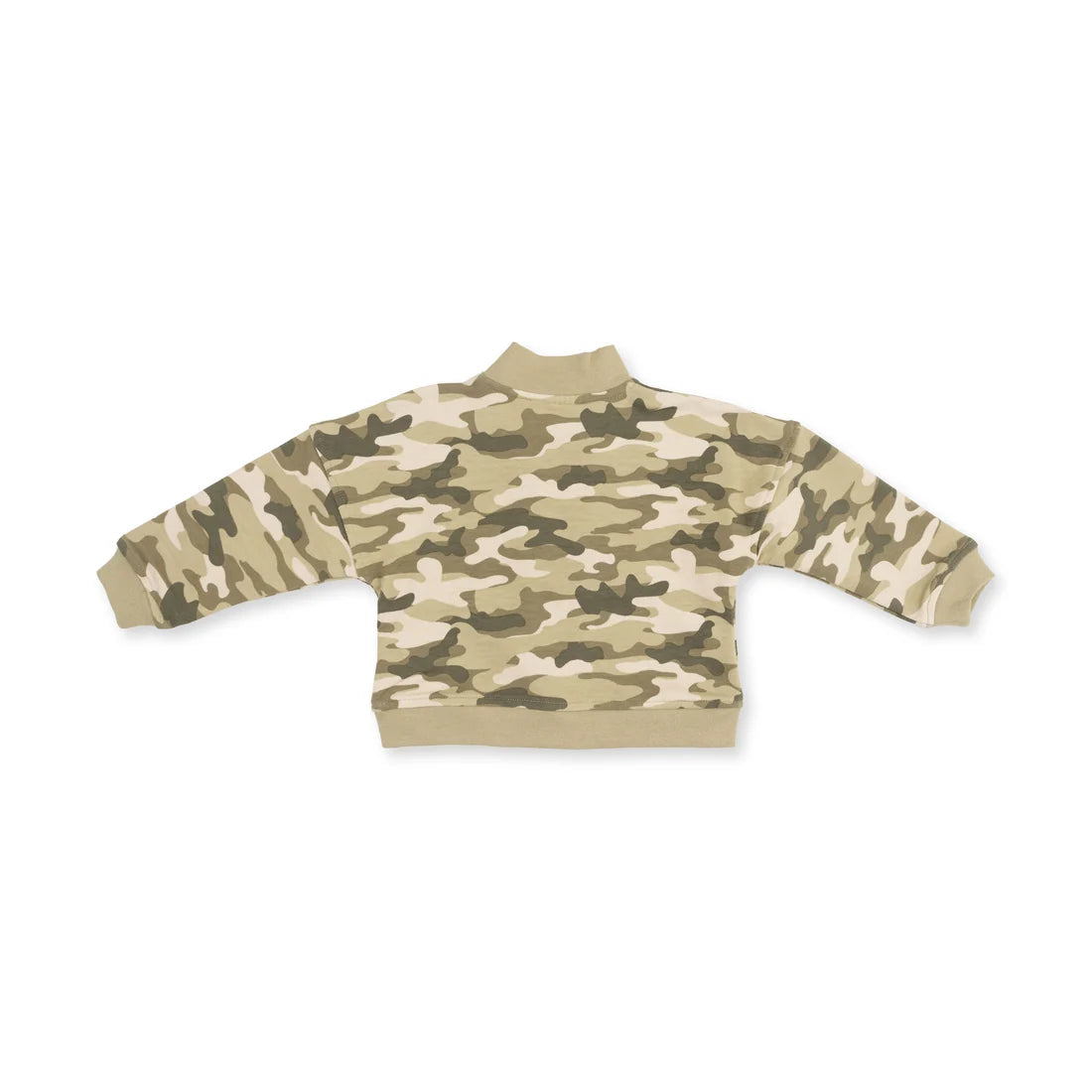 An angel dear long-sleeve crewneck sweatshirt featuring a classic camouflage pattern in shades of beige, tan, and olive green, displayed flat against a plain white background.