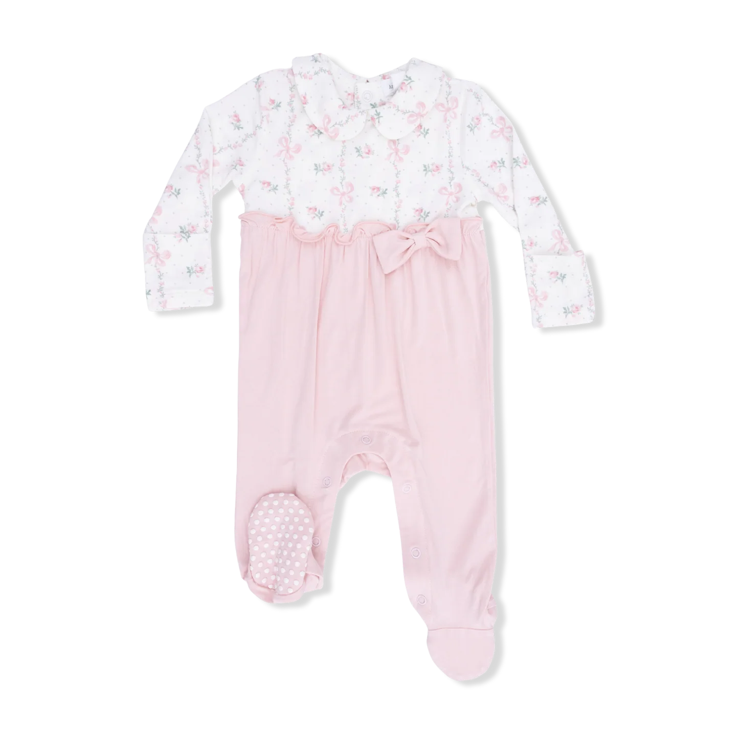 Angel Dear Dainty Buds & Bows Footie Pink baby onesie with white floral and bow print top, light pink bottoms with a pink bow  on a white background
