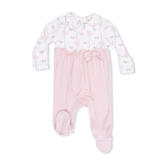 Angel Dear Dainty Buds & Bows Footie Pink baby onesie with white floral and bow print top, light pink bottoms with a pink bow  on a white background