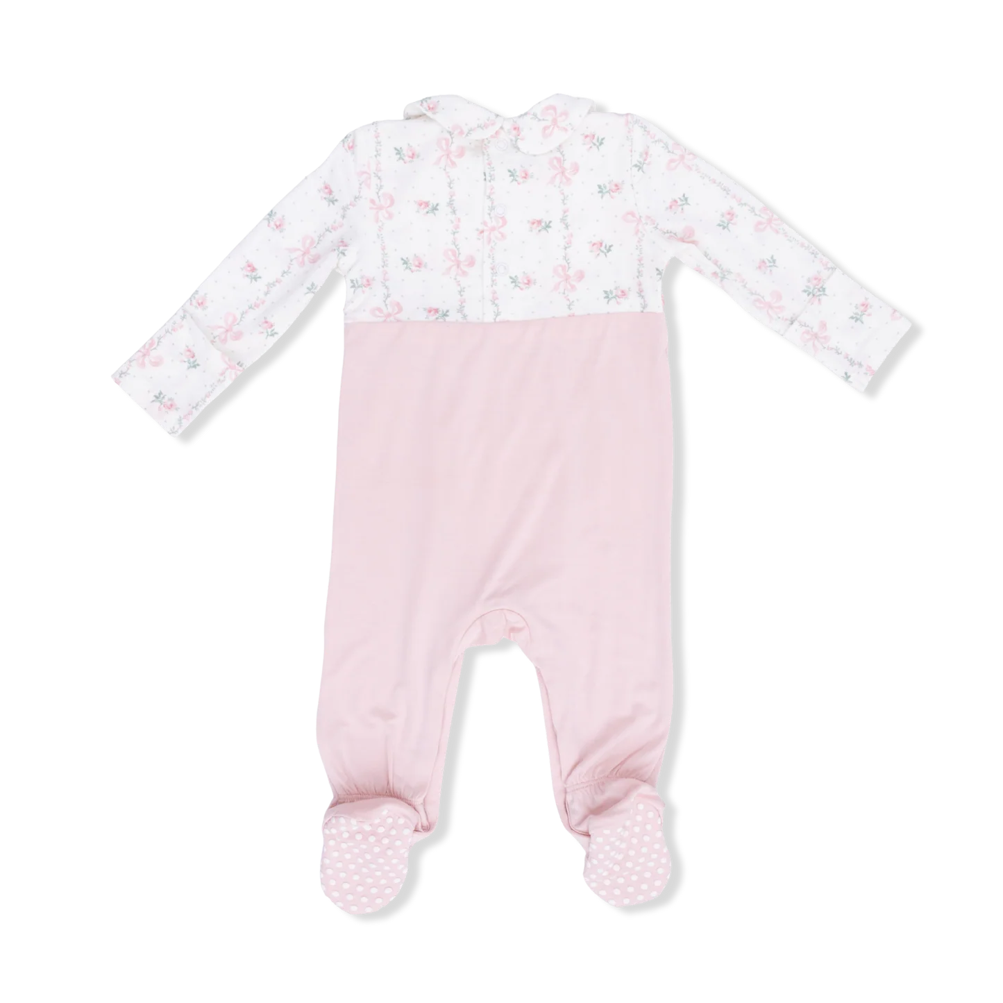 The back view of an Angel Dear Dainty Buds & Bows Footie Pink baby onesie with white floral and bow print top, light pink bottoms with a pink bow  on a white background