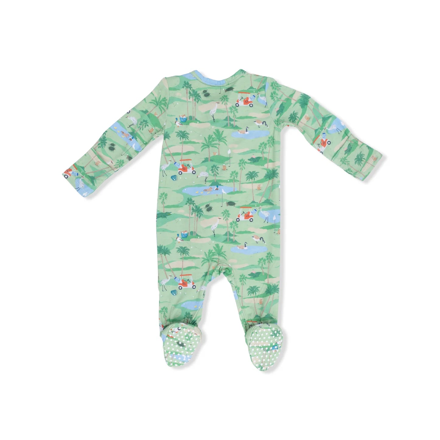 THe back of An Angel Baby Golf Oasis Animals 2 Way Zipper light green Footie with a golf course design featuring playful animals that may be found on a golf course. 