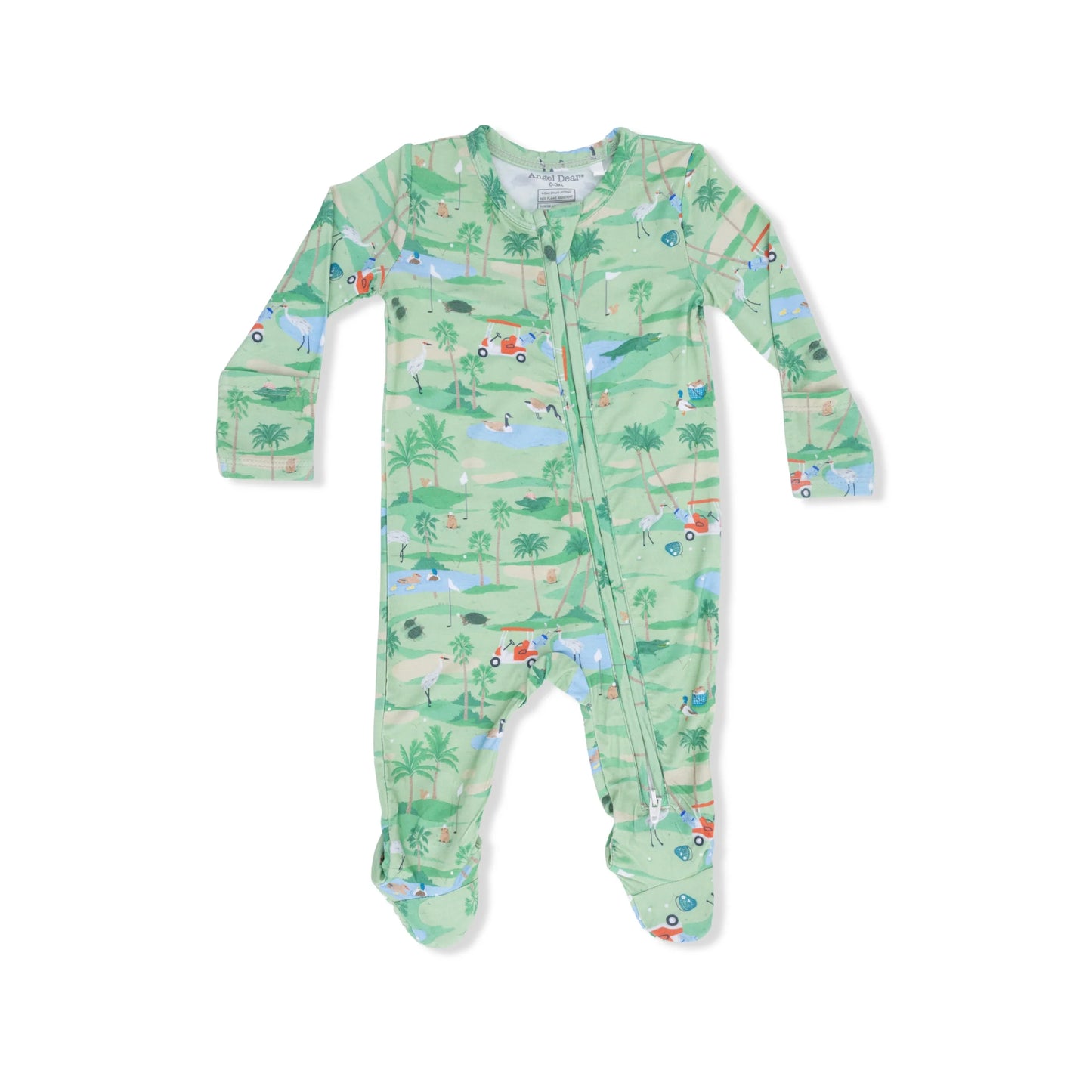 An Angel Baby Golf Oasis Animals 2 Way Zipper light green Footie with a golf course design featuring playful animals that may be found on a golf course. 