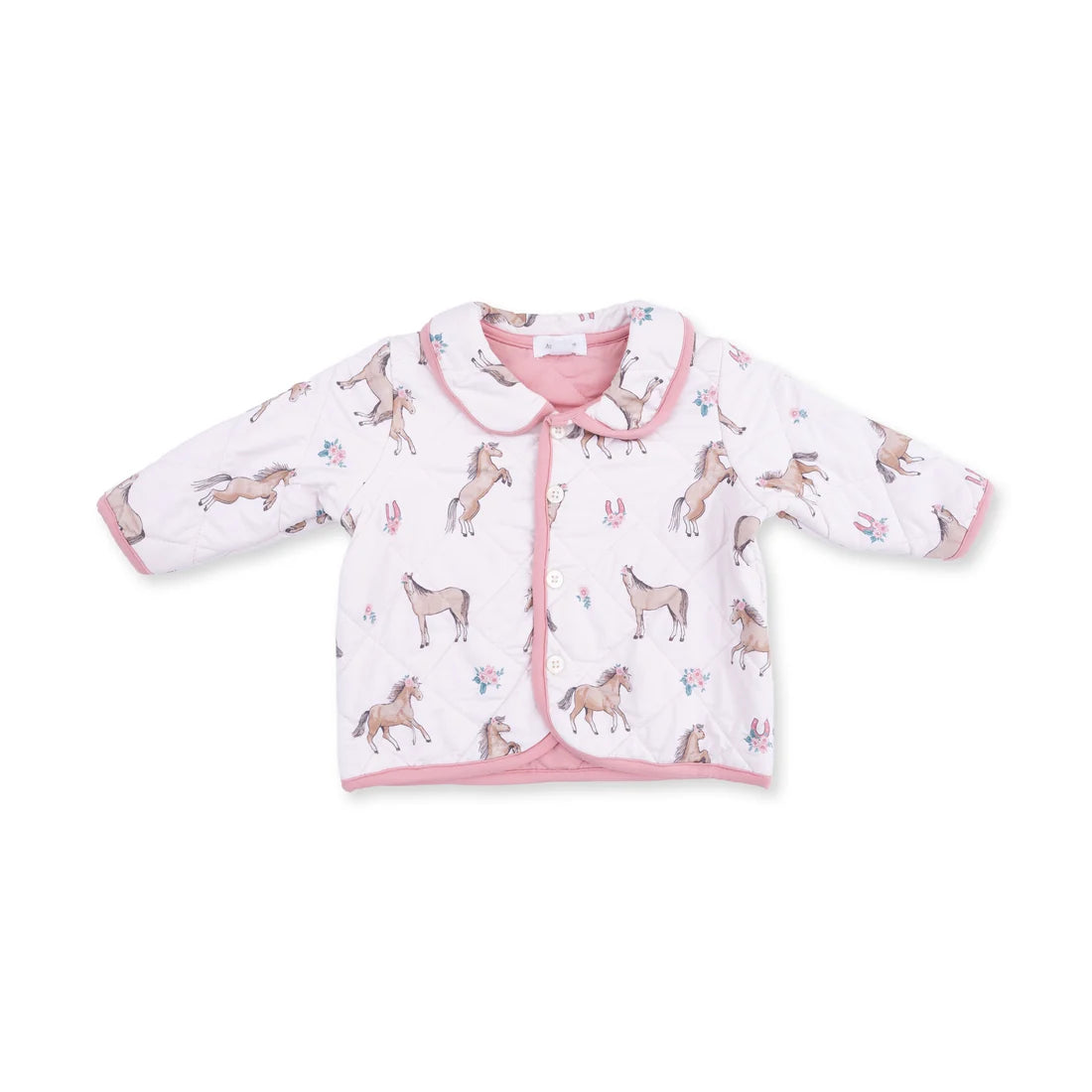 Angel baby I love horses quilted Baby jacket pink with horse pattern on a white background
