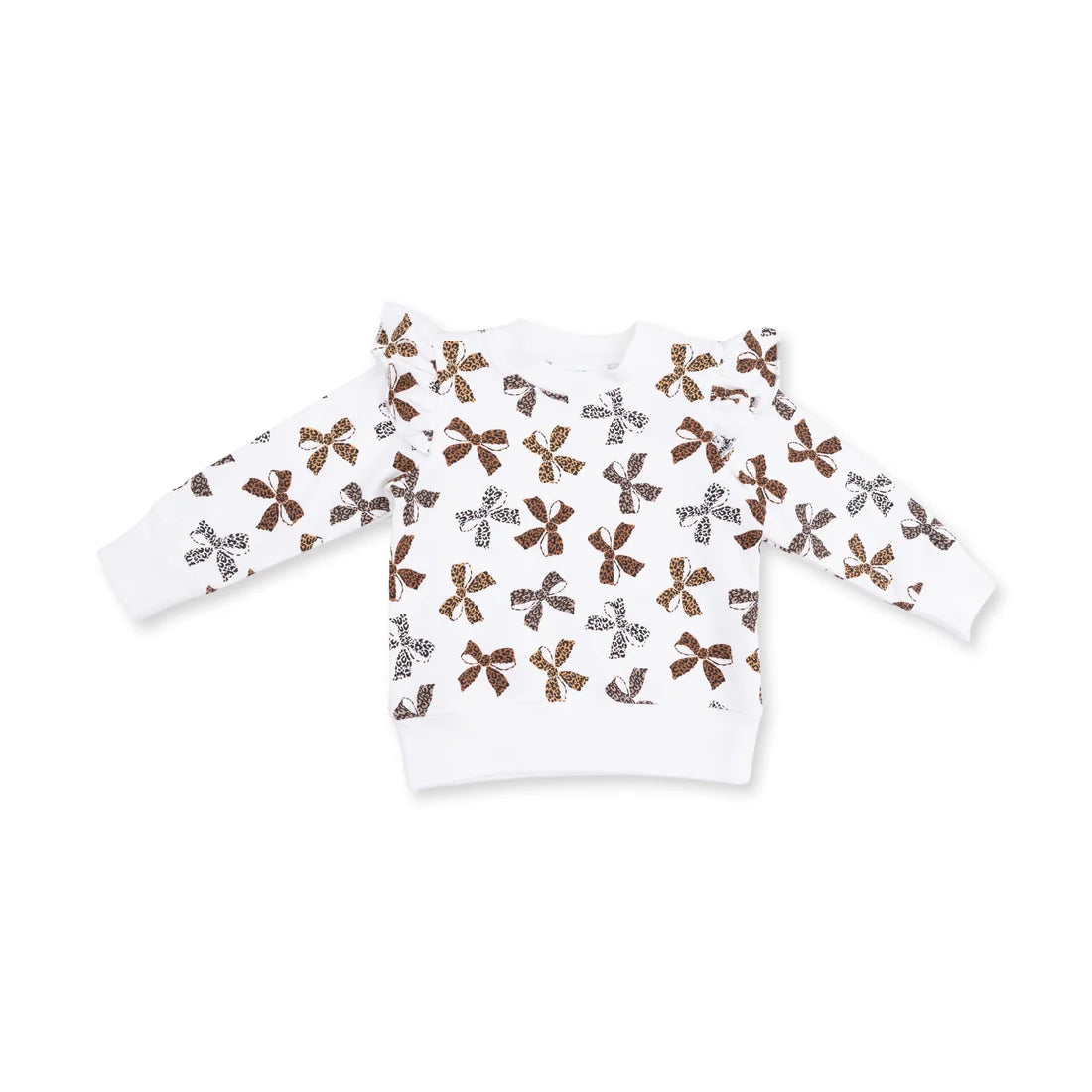 Angel dear leopard frenc terry ruffle sweatshirt white long-sleeve baby sweater with an all-over pattern of brown and gray bowties, shown flat on a white background.