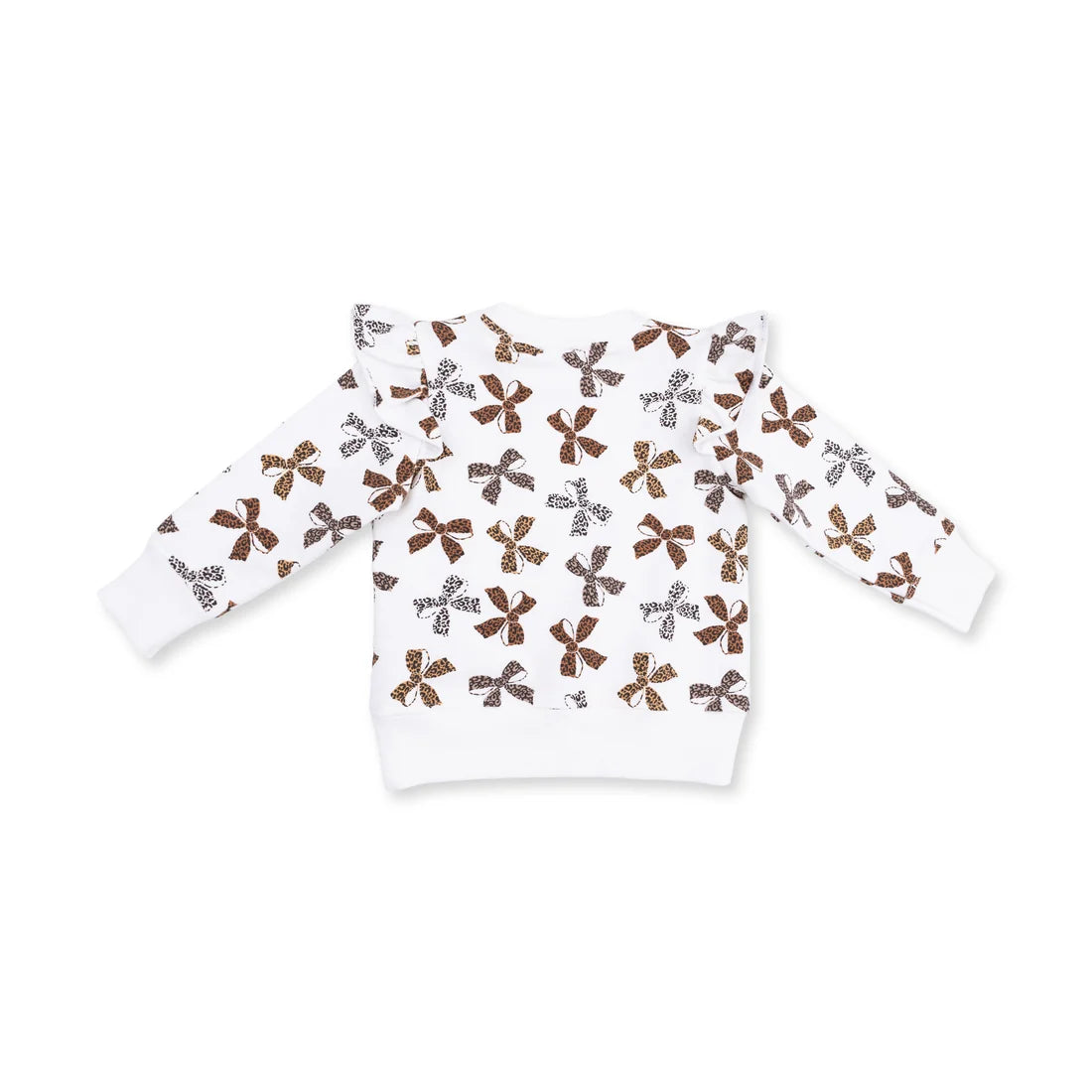 Angel dear leopard french terry ruffle white long-sleeve sweatshirt for toddlers, featuring an all-over pattern of sequined bows in brown, silver, and gold, displayed on a clean white background.