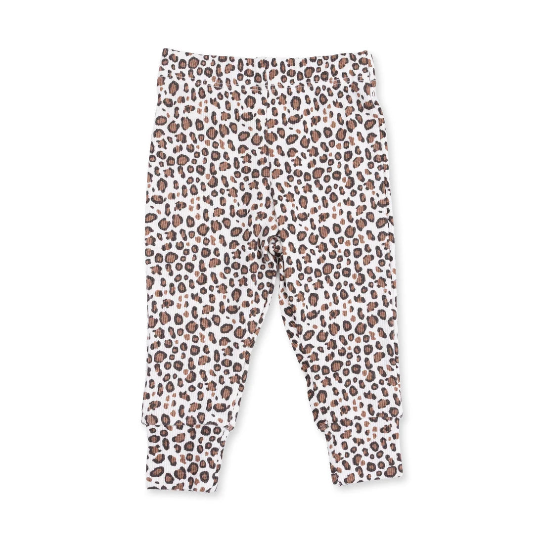 Angel dear pair of children's leggings with an all-over leopard print pattern in brown and black on a white background, shown flat against a white backdrop.