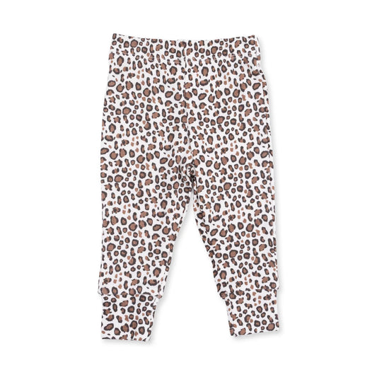 Angel dear pair of children's leggings with an all-over leopard print pattern in brown and black on a white background, shown flat against a white backdrop.