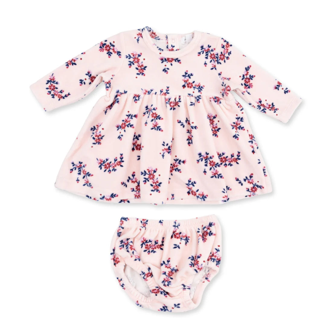 Angel dear nora floral velour baby girl's two-piece outfit set consisting of a long-sleeve dress and matching bloomers, both in a light pink fabric with a small red and navy blue floral print, laid flat on a white background.