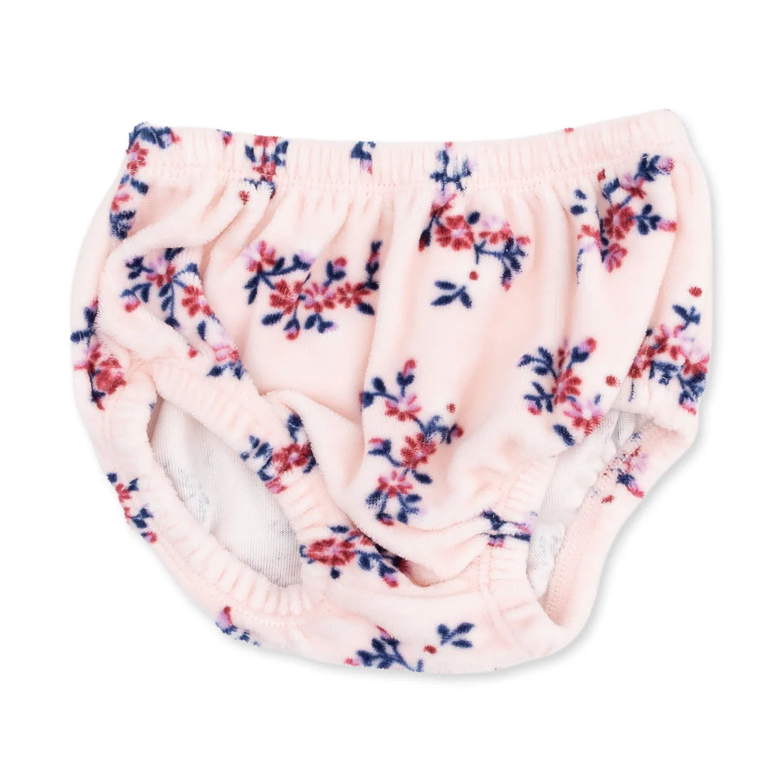 A pair of angel dear nora floral velour  baby bloomers in a soft pink fleece fabric, featuring a delicate floral pattern with red and navy blue blossoms and leaves, shown against a plain white background.