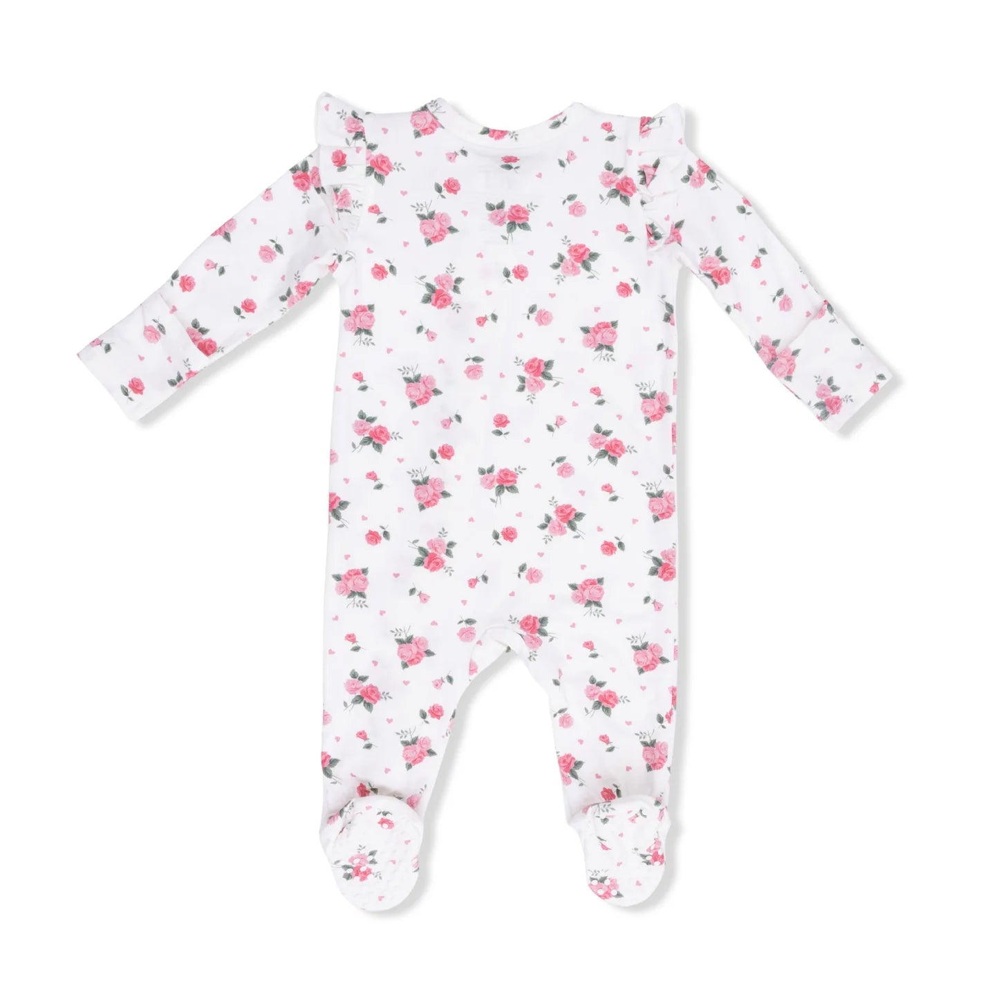 Back of an Angel Dear Pink Rosettes 2 Way Ruffle Sleeve Zipper Footie with pink floral pattern on a with material
