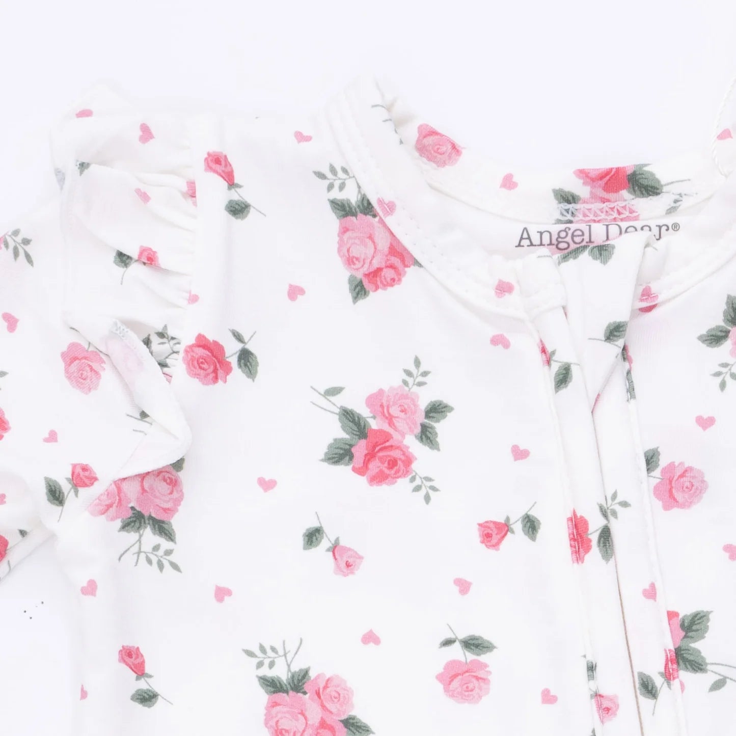 Floral patterned fabric with pink roses and green leaves on a white background, featuring the brand 'Angel Dear'.