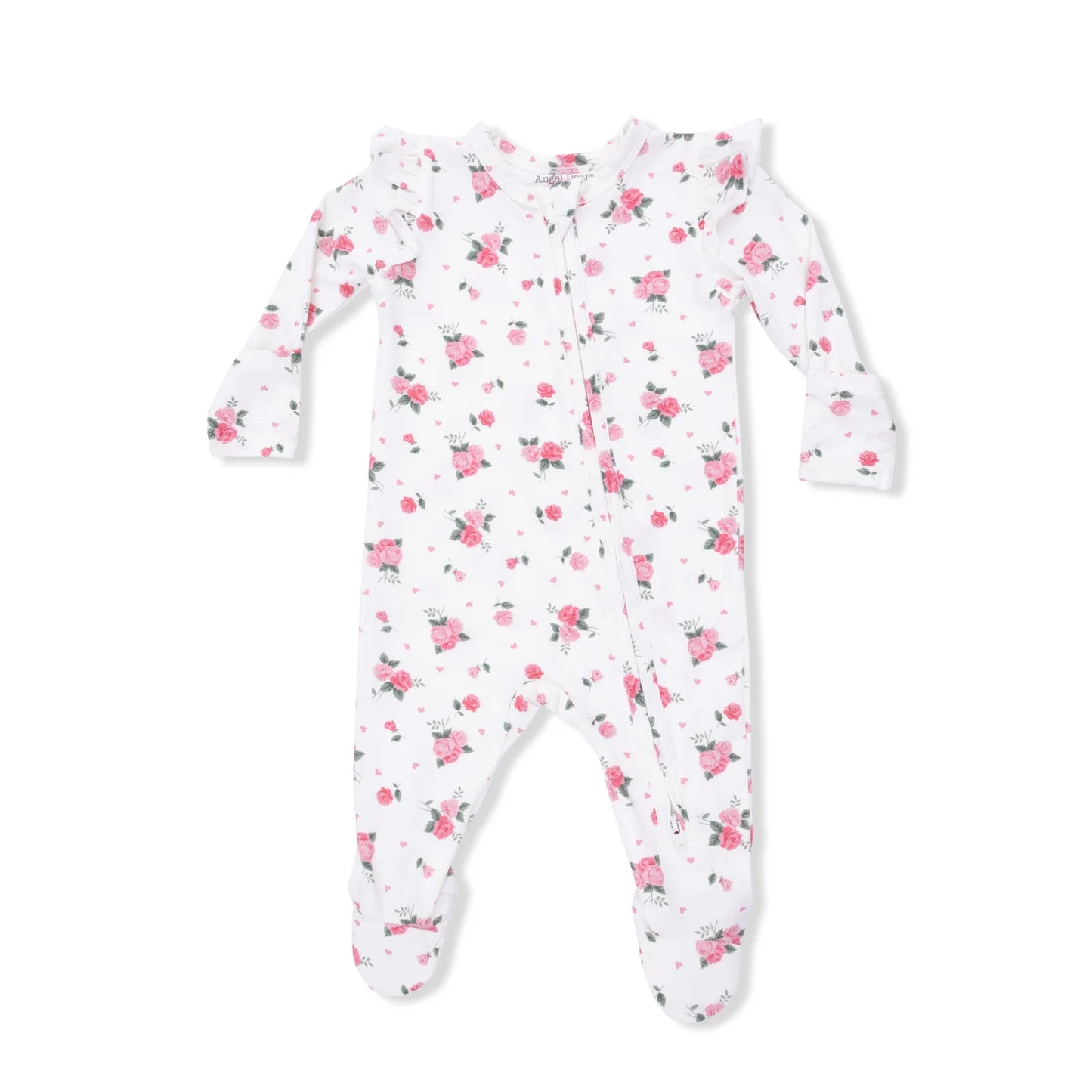Front of an Angel Dear Pink Rosettes 2 Way Ruffle Sleeve Zipper Footie with pink floral pattern on a with material