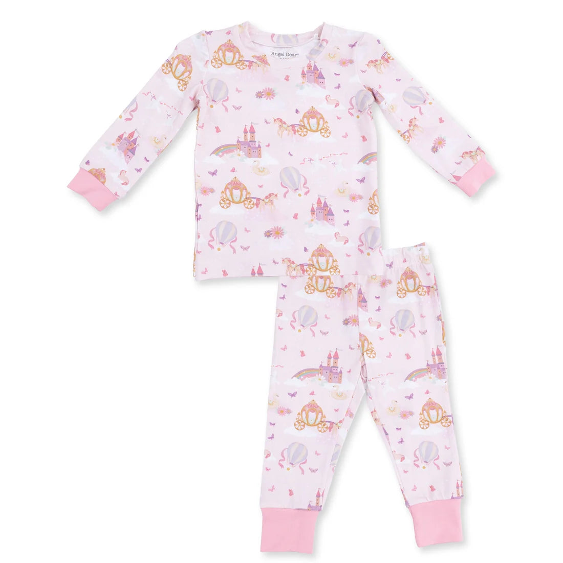 Angel dear Princess unicorn two-piece children's pajama set by Princess Design, featuring a long-sleeve top and matching pants in light pink with an all-over whimsical print of castles, carriages, and hot air balloons, finished with solid pink cuffs.