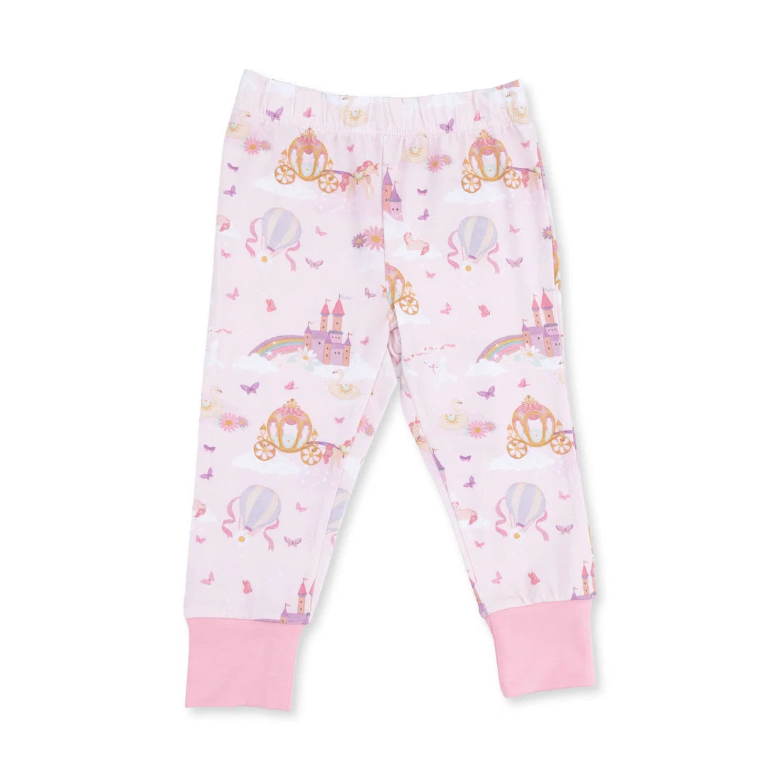 Angel dear pair of children's pajama pants in light pink with an all-over whimsical print of castles, carriages, butterflies, and hot air balloons, finished with solid pink ribbed ankle cuffs.