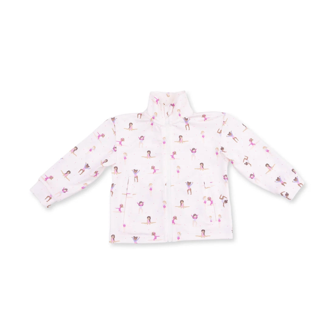 Angel dear tiny tumblers white long-sleeve zip-up jacket with an allover print of gymnastic tumblers in pink and purple, displayed flat against a white background.