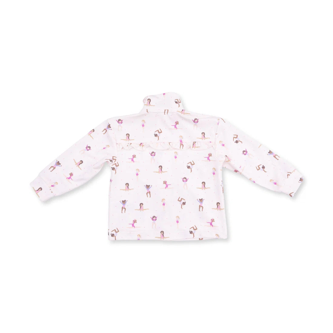 Angel dear tiny tumblers light pink long-sleeve shirt with an allover print of gymnastics in pink and purple tutus, shown flat against a white background.